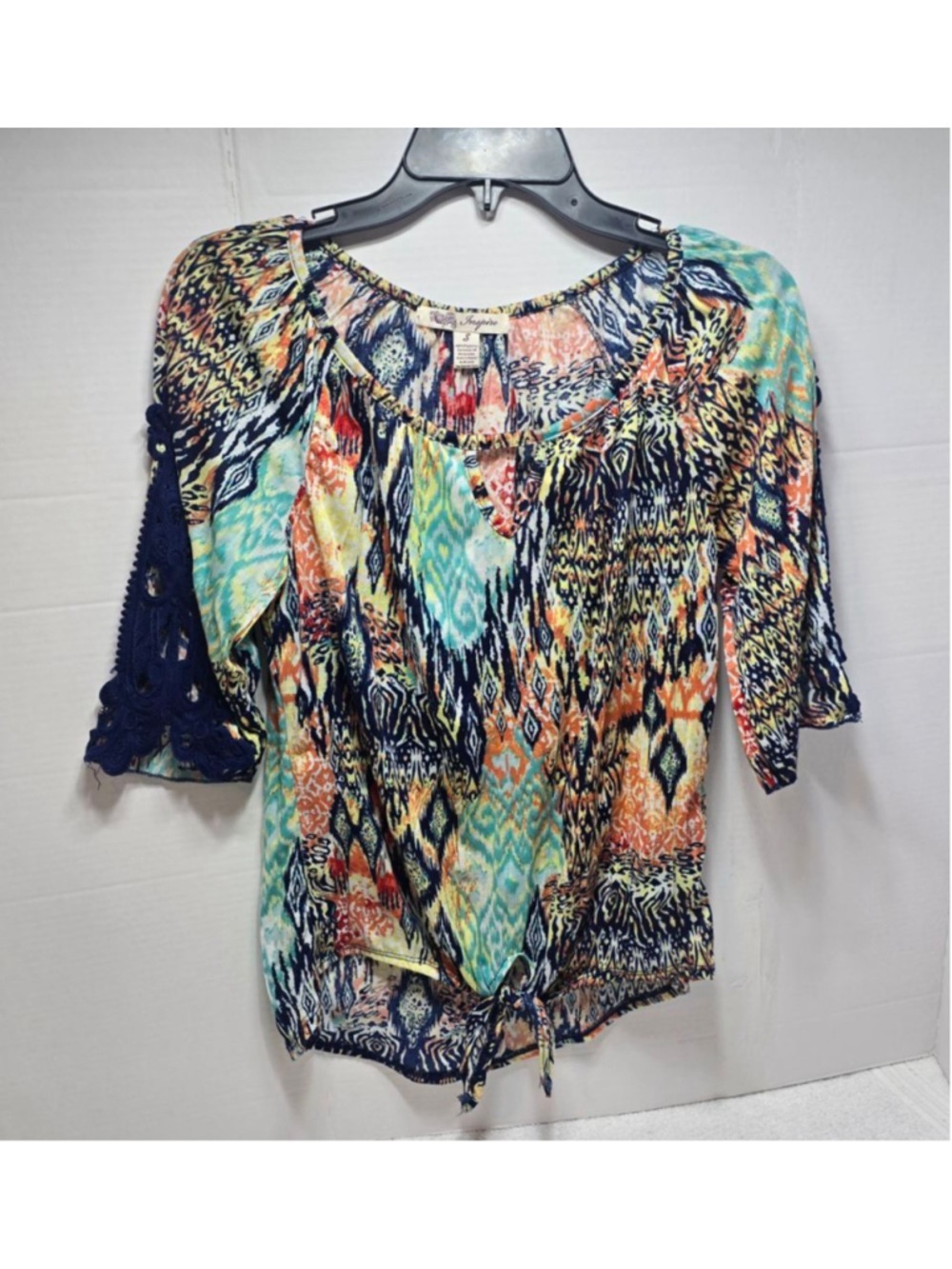 Women's Inspire Multi-color Blouse with Blue Crochet Sleeves, Size S